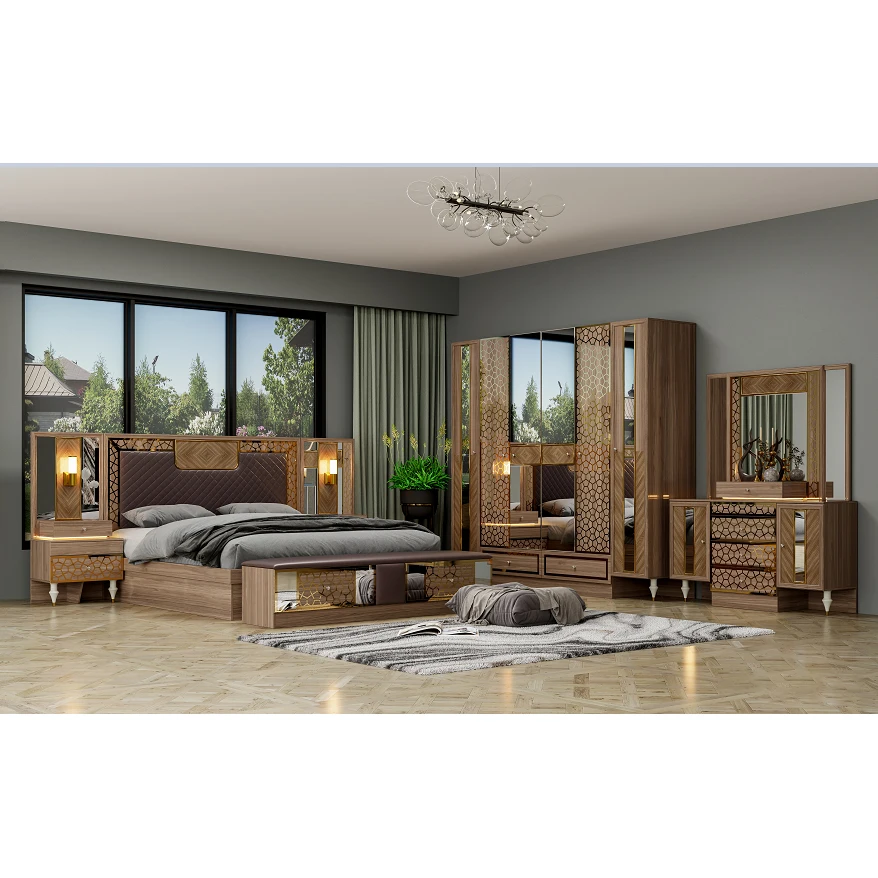 Classic Wood Frame Bedroom Set King Bed Double Modern Luxury