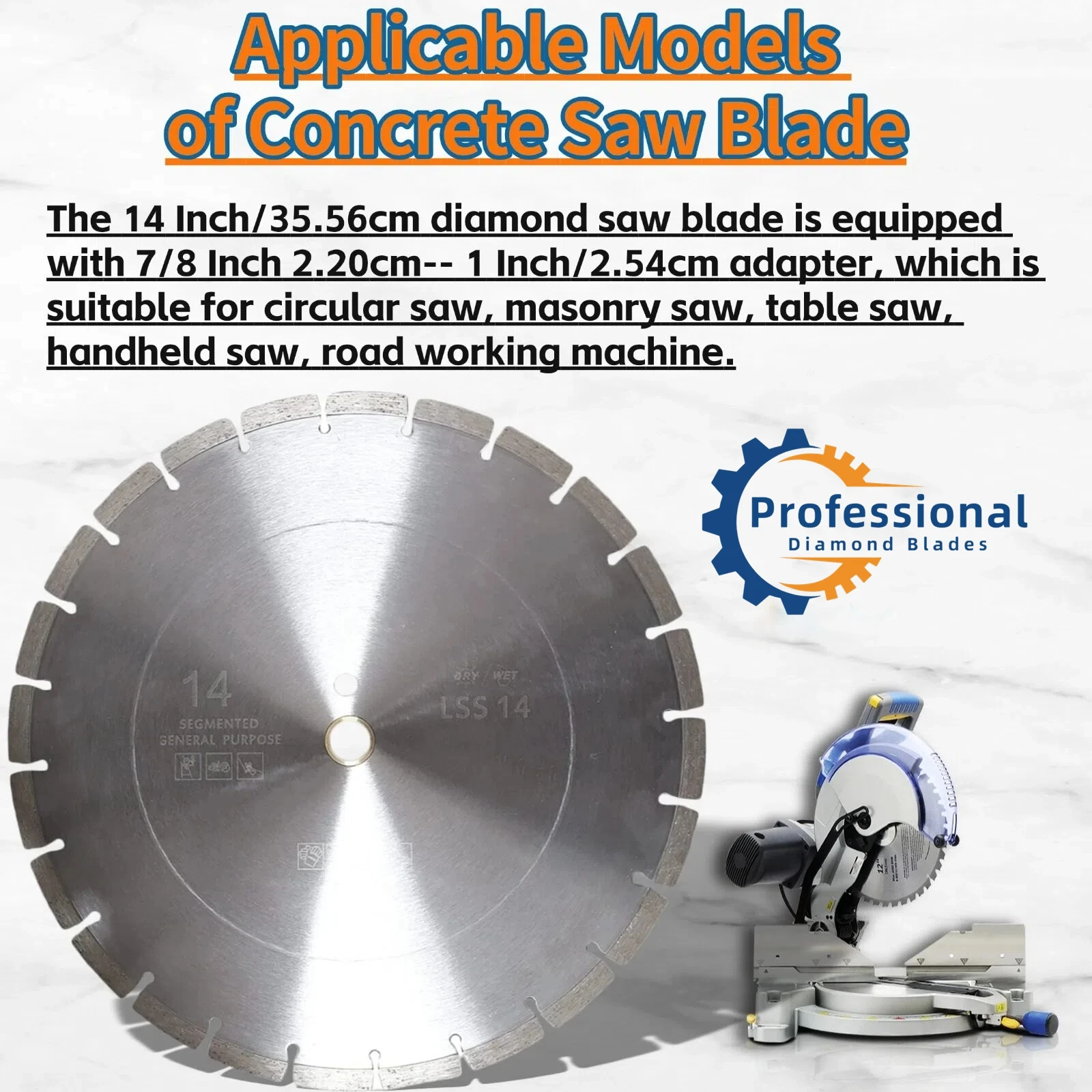 

14 Inch Diamond Concrete Saw Blade,1"-20mm Arbor, Segmented General Purpose Blade Dry/Wet Cutting Concrete Masonry Brick Block