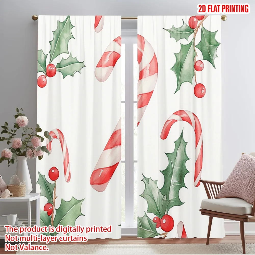 2pcs,2D plane printing Window Curtain Candy Holly Berries Christmas (2) Versatile Polyester (without rod) Room Decor for Bedroom