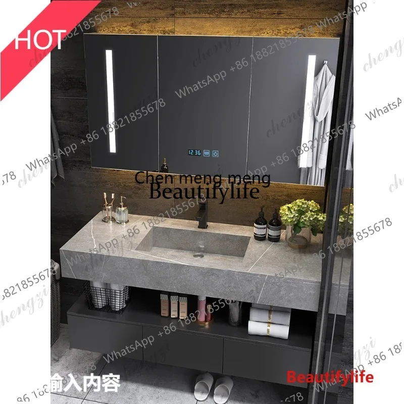 03 Stone Slab Integrated Basin Cabinet High-end Bathroom For Home Use Mirror Toilet Washbasin Hand Wash Combination Hotel Modern