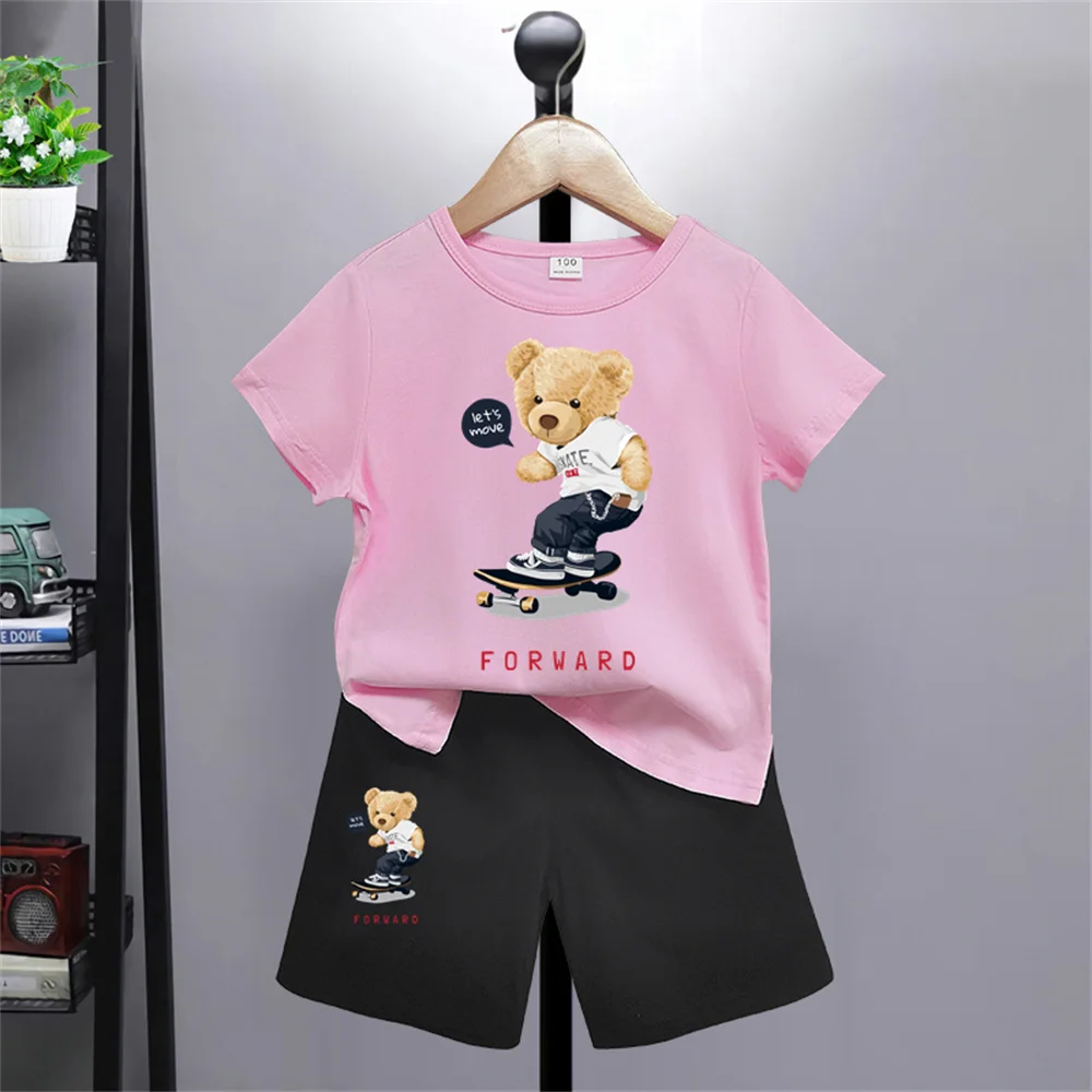 Bear pattern kids T-shirt Pants Kawaii T-shirt Anime Cartoon Kids Casual Clothing 2-piece set Kids Girls Boys Fashion Y2K