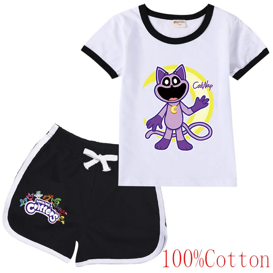 漫画の笑顔のキャットナップコットンパジャマ、半袖Tシャツとショーツ、男の子と女の子のための衣装、カジュアルなスポーツウェアセット、お昼寝、夏