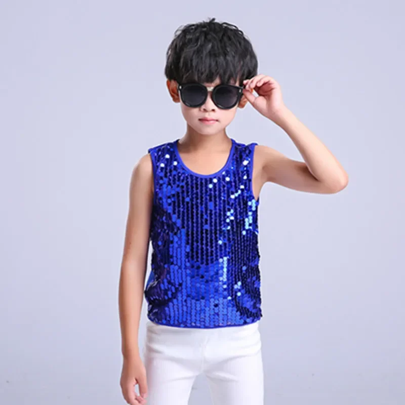 Child Hip Hop Jazz Dance Clothes Sequins Boy  Chorus Drums Outfits Shining Silver vest Stage Performance Costumes