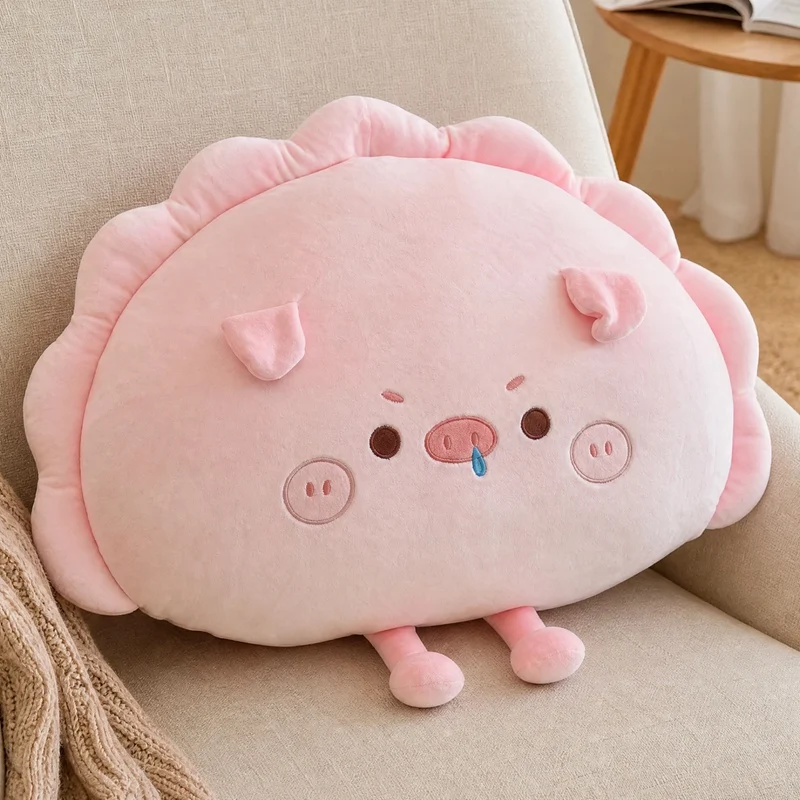 Plush Pillow Pink Pig White Panda Yellow Chick Dumpling Soft Food Cushion Stitched Face Scalloped Edge Bedside Comfort Sofa Rest