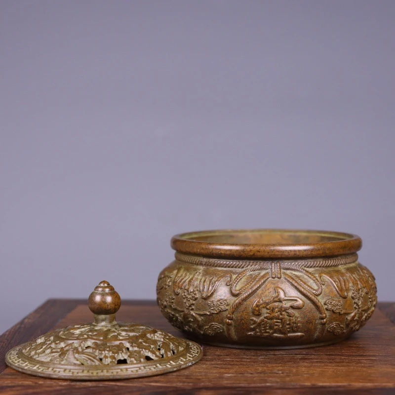All-copper burner with carved patterns, flat-bottomed, home use, suitable for sandalwood, Zen-style coil incense, ag