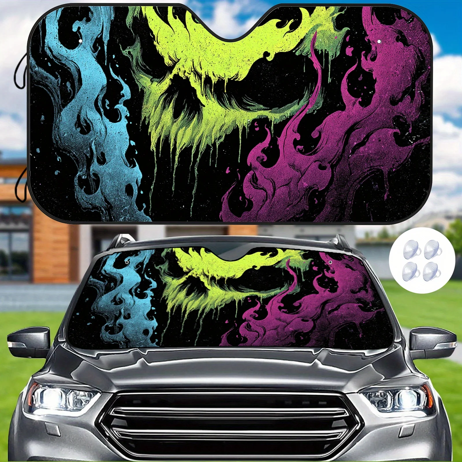Psychedelic Skull Flame Car Front Windshield Sunshade Comes With Strong Suction Cups, Maintaining Shape Under High Temperatures