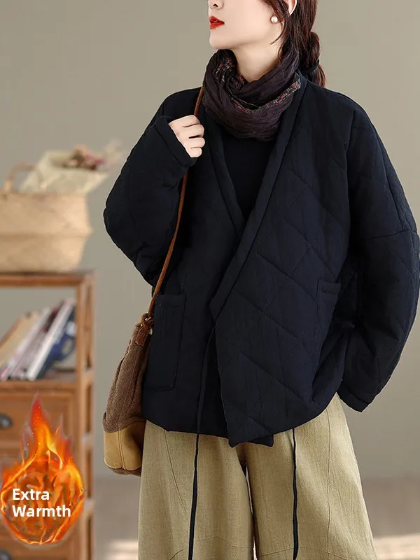 

Original Design Women's Cotton Liner Jaet Winter Thiened Outerwear V-Ne Long Sve Retro Sle Loose Fit Pure Color