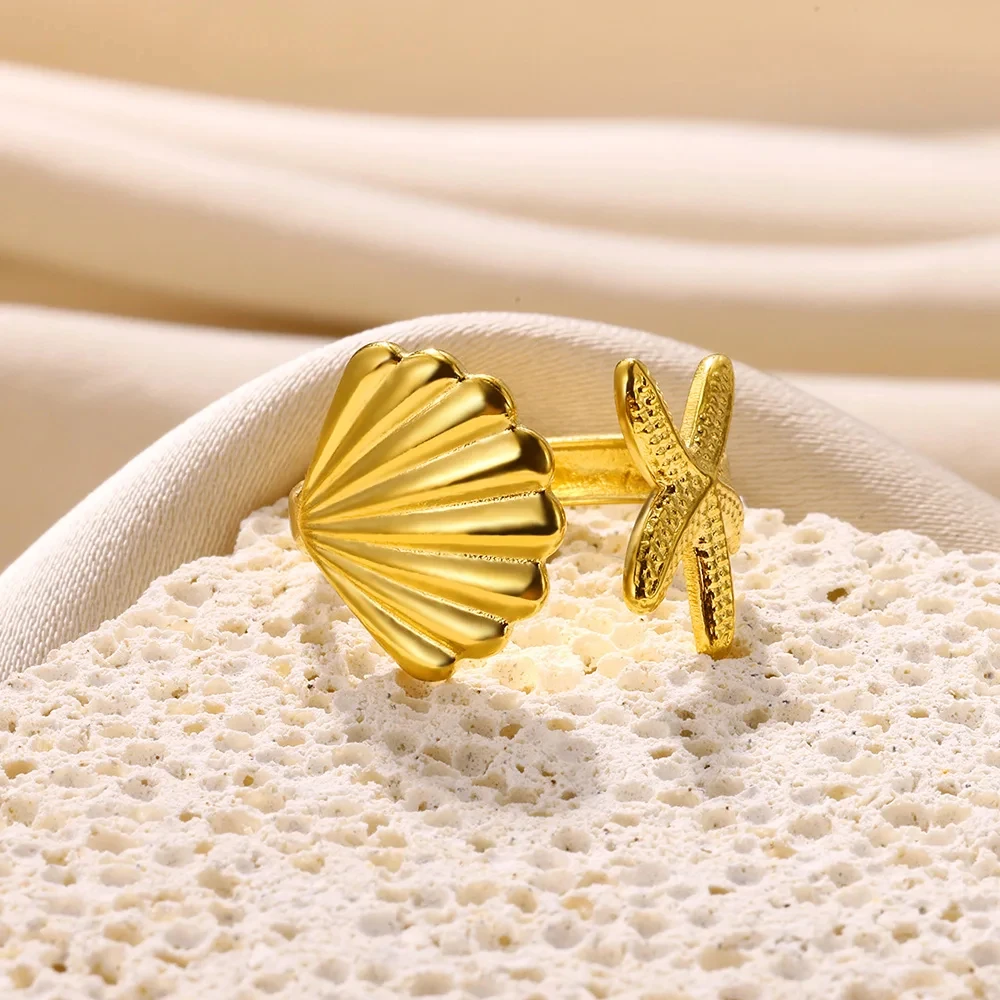 Vintage Shell Starfish Rings For Women Gold Color Stainless Steel Shell Ocean Openning Ring Wedding Summer Jewelry Gift