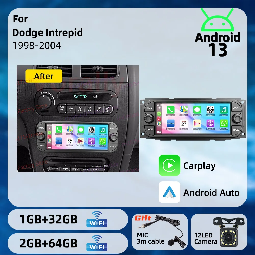 Radio Multimedia para Auto con Carplay Inalámbrico y Android 13 de 6.86 Pulgadas para Dodge Intrepid 1998-2004, Autoradio 1 Din, GPS, Unidad Principal Estéreo