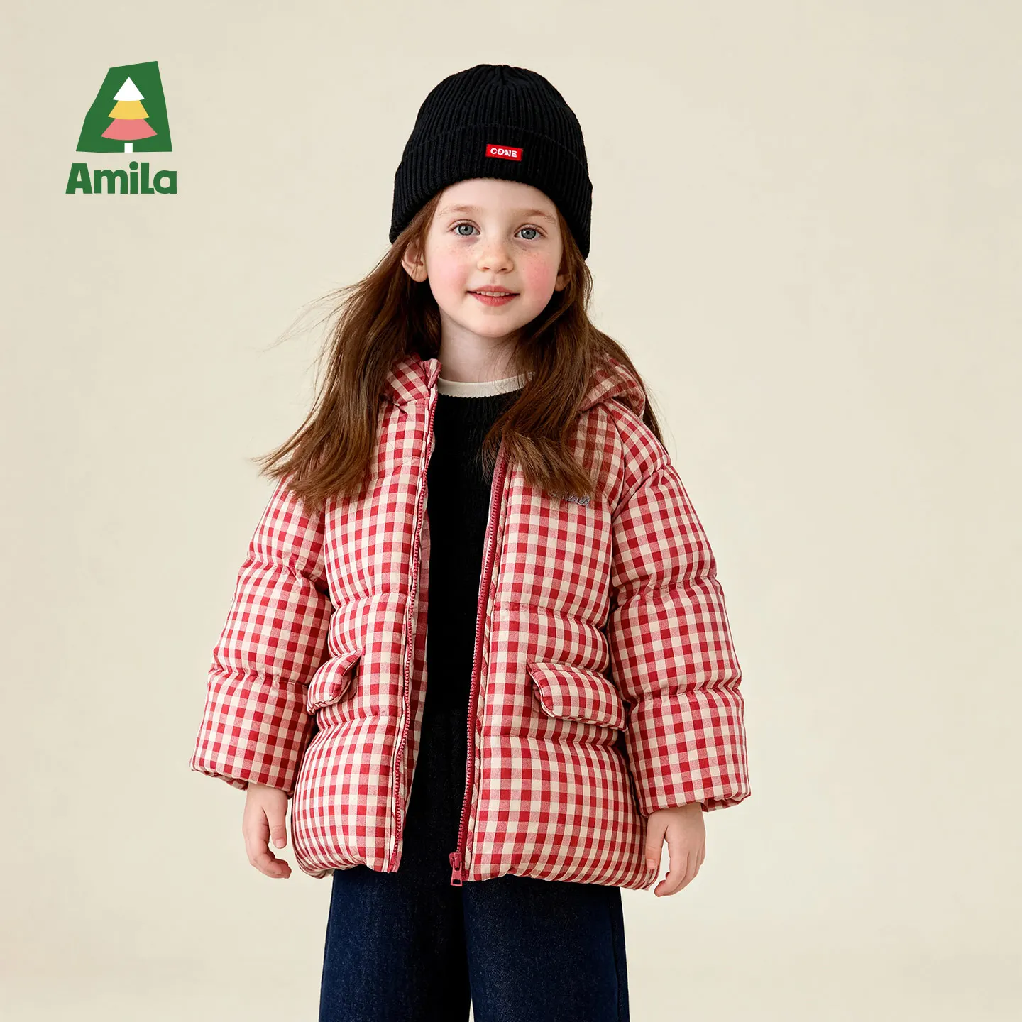 Amila 2026 Kids Winter Children's Mid Length Plaid Down Jacket Windproof, Waterproof, Warm Hooded Jacket, College Style