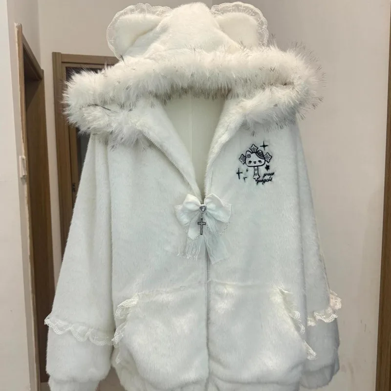 

Women's Solid Plush Cat Ear Jacket with Lace Pockets and Bow, Kawaii Trendy Hooded Zip-up Coat for Winter & Cute Streetwear​