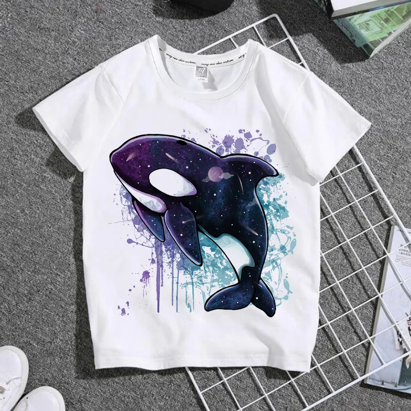 Summer New Catone Orca Baby Print Family Dress Boys and Girls Students T-shirt Short-sleeved Top Clothes