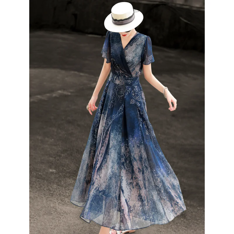 

MEXCOCO 2026 Summer New Arrival Elegant Printed Dress Women V Neck Waist Slim Flounce Sleeve Mid Length Dress