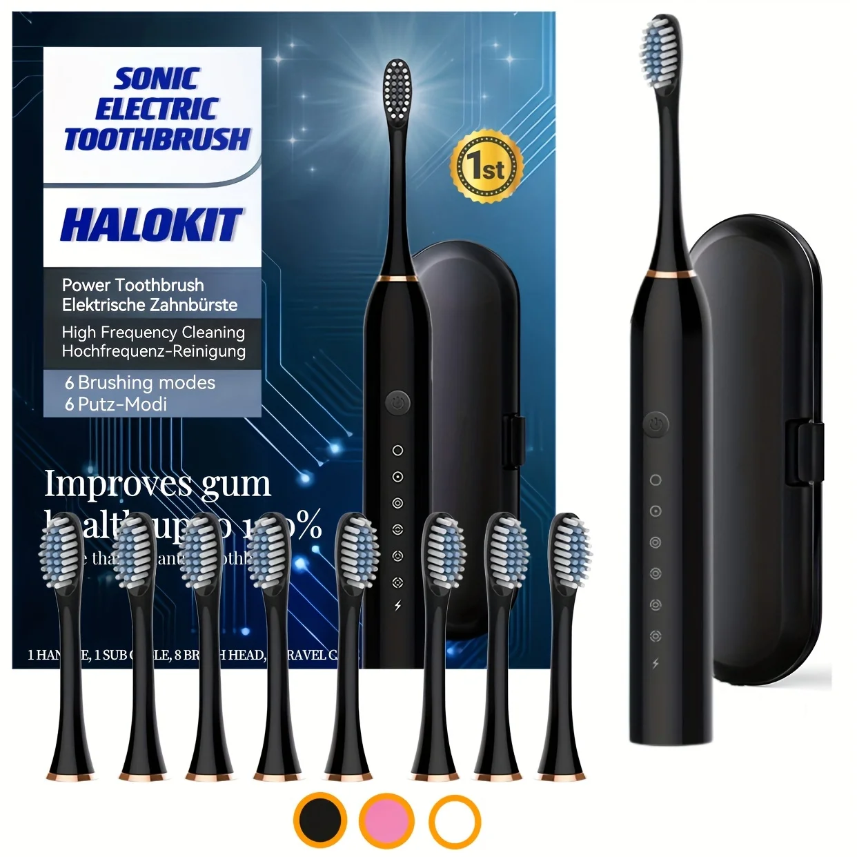 Sonic Electric Toothbrush - 8 Brush Heads & USB Rechargeable Tooth Brush - Black Travel Case & 6 Modes Smart Timer - Effective T