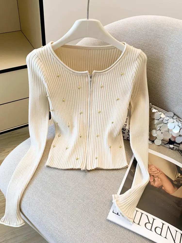 

Women's Black Beige Long Sleeve 2025 O Neck Holiday Short Knit Tops Autumn Winter Purple Single Breasted Cardigan Zipper Sweater