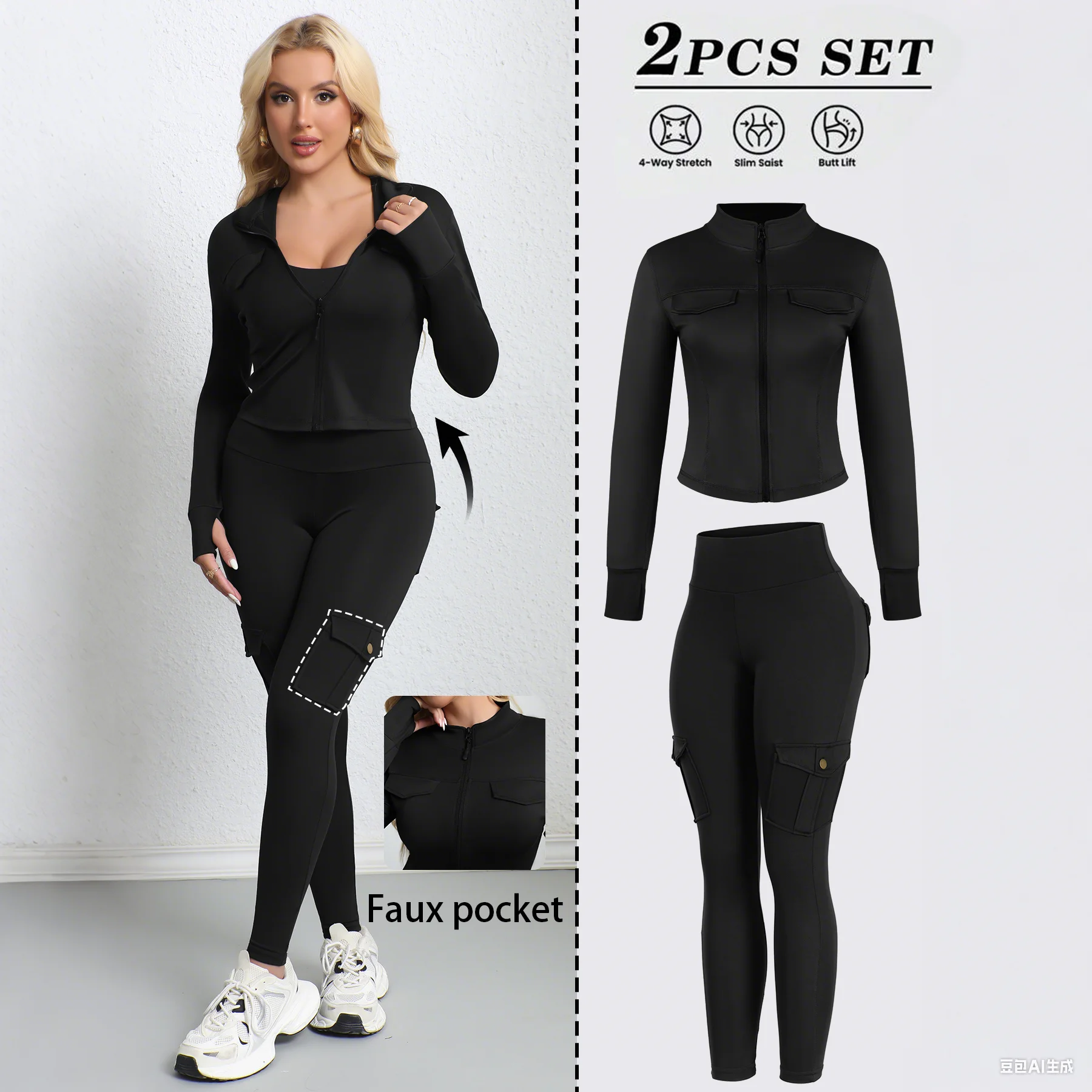 

2PCS Yoga Set for Women Faux Pocket Design Sports Jacket with Thumb Holes Tummy Control Butt-Lifting Leggings with Pockets