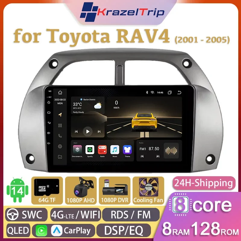 

8 Core 4G WIFI Car Radio for Toyota RAV4 2001 - 2005 Carplay Android Auto GPS Navi 2 Din Autoradio Bluetooth Audio RDS DVD QLED