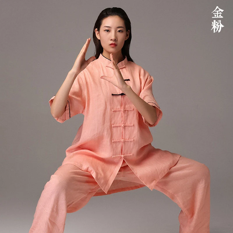 Linen Short Sleeve Tai Chi Uniform for Women Men Spring Summer Martial Arts Performance Competition Color Block Wear