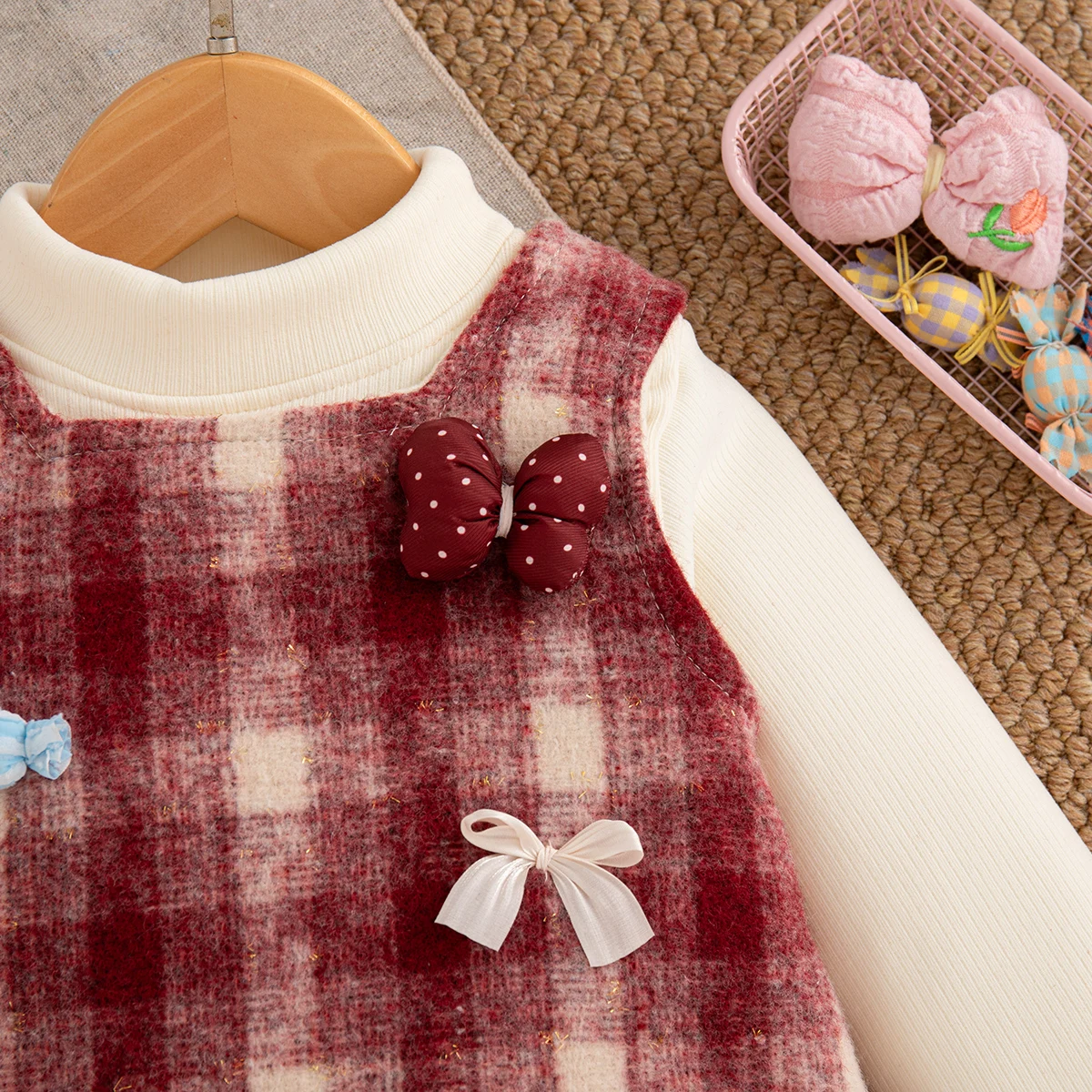 مجموعة خريف جديدة لطيفة على شكل مربعات حمراء للفتيات الصغيرات، ملابس أطفال بأكمام طويلة بفيونكة حلوة مناسبة لعمر 9 أشهر إلى 4 سنوات #4