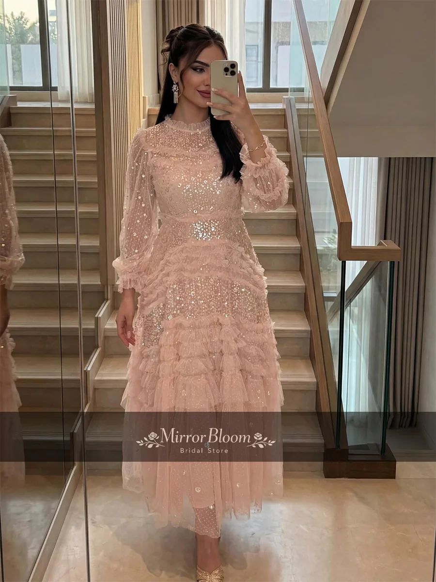 

Customize Elegant Pink Sequin Lace Ankle Length Festival Dress Women High Neck Ruffle Long Sleeve Formal Evening Party Prom Gown