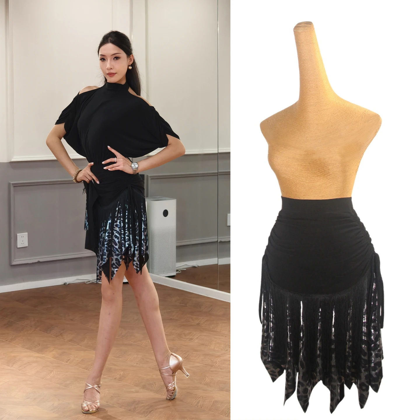 Nueva falda de baile latino con cintura alta y falda adelgazante con flecos y estampado de leopardo falda de práctica de tango samba chacha