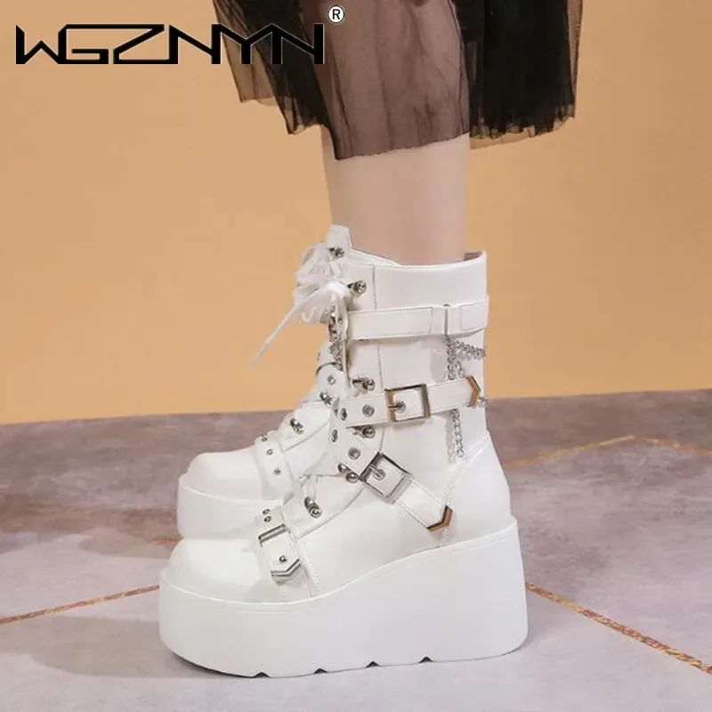 High Quality Leather Gothic Black Boots Women Heel Sexy Chain Chunky Heel Platform Boot Female Punk Style Ankle Boot Zipper 2025