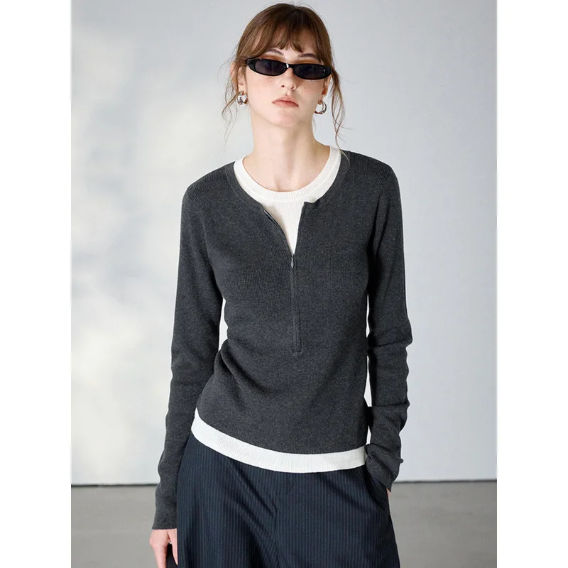 QICHE 2026 Luxury 16G 60S Fine Spun Wool Sweater Women Color Block Fake Two Piece Half Zip Commuter Knit Top