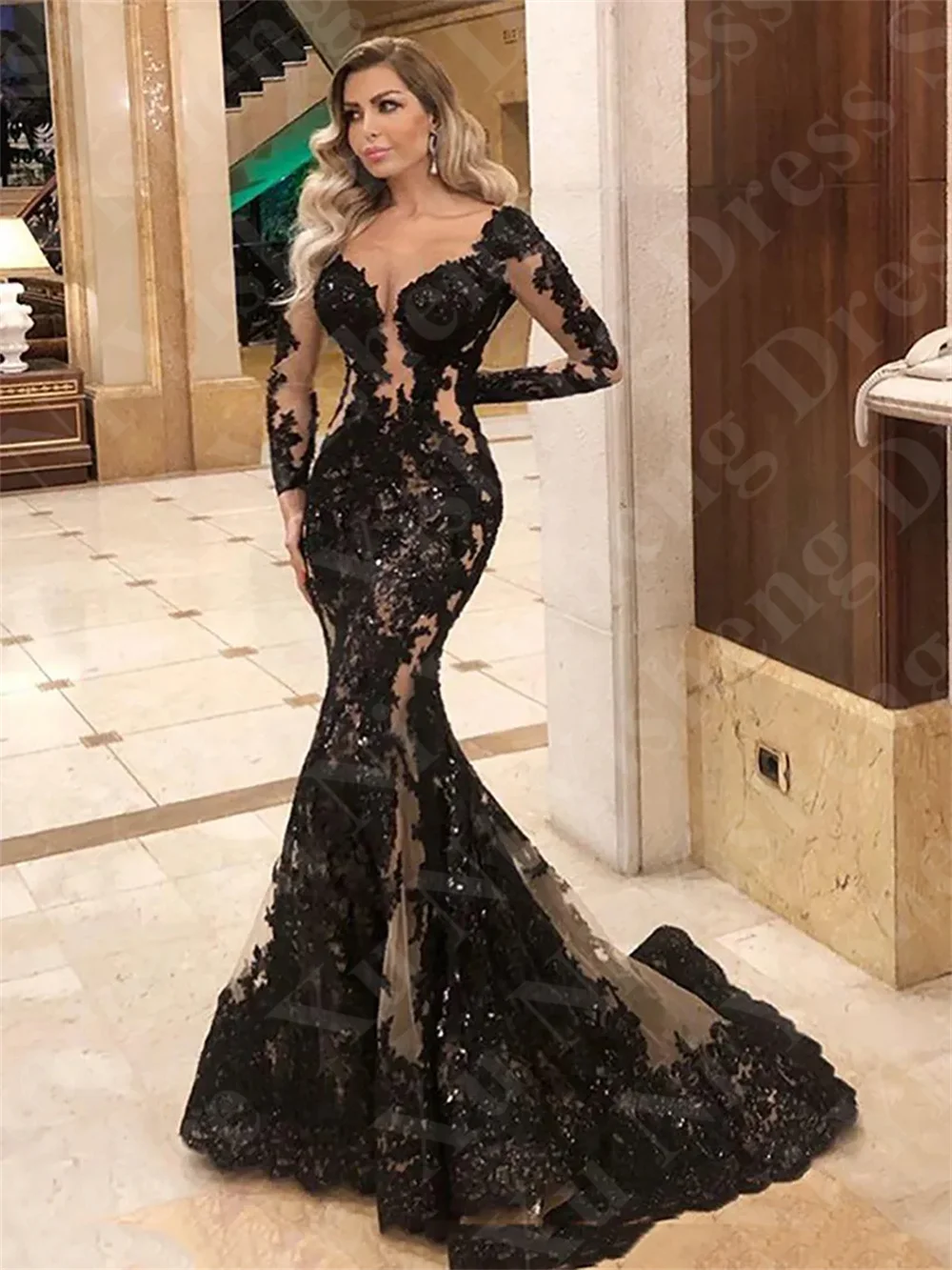 Sexy Black Saudi Evening Dresses Lace Appliques Mermaid  Luxury Prom Dress Long Sleeves Formal Bride Party dress Wedding dress