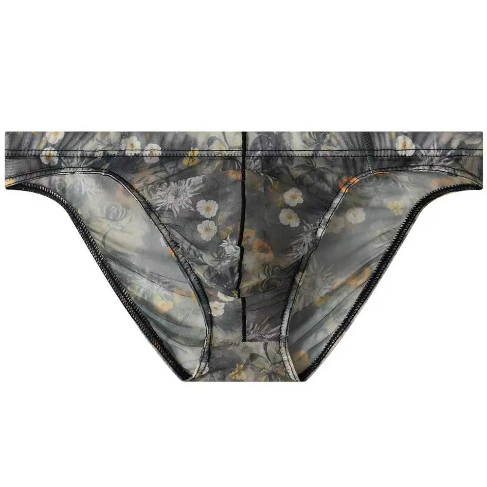 Men Jockstrap Sexy Mesh Translucent Printed Briefs Underwear Thin Middle Rise Breathable Pouch Panties Lingerie