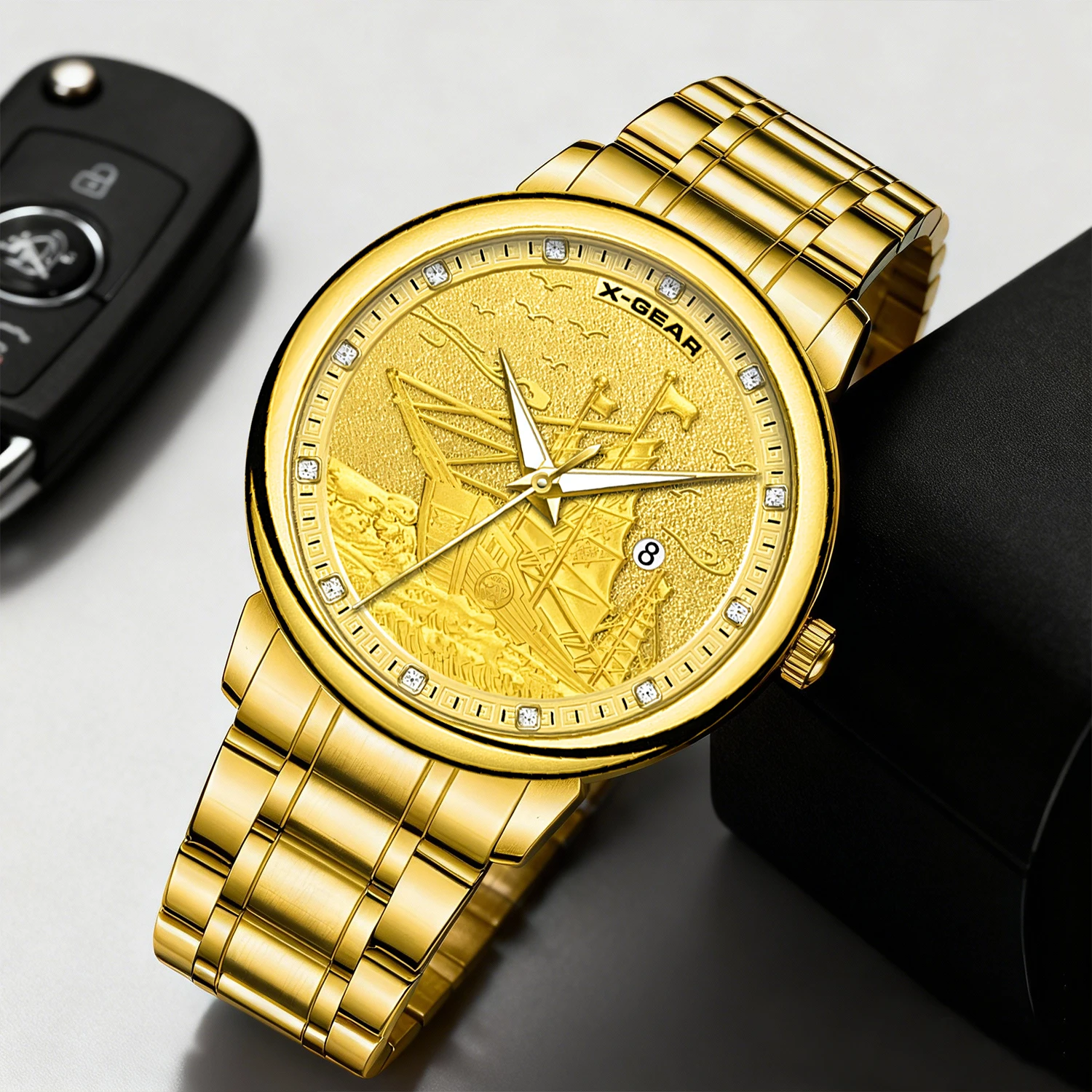 

X-GEAR Мужские водонепроницаемые кварцевые часы с календарем золотого цвета и браслетом из нержавеющей стали