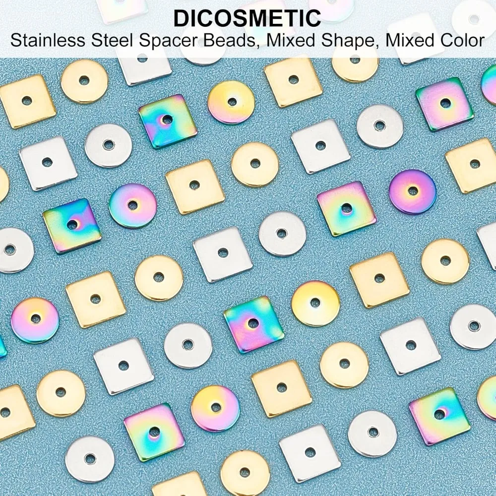 60 قطعة 2 أنماط 3 ألوان الفولاذ المقاوم للصدأ خزر عازل شقة مستديرة مربع حبة النتائج المعادن فضفاض الخرز ل أساور يدوية #4