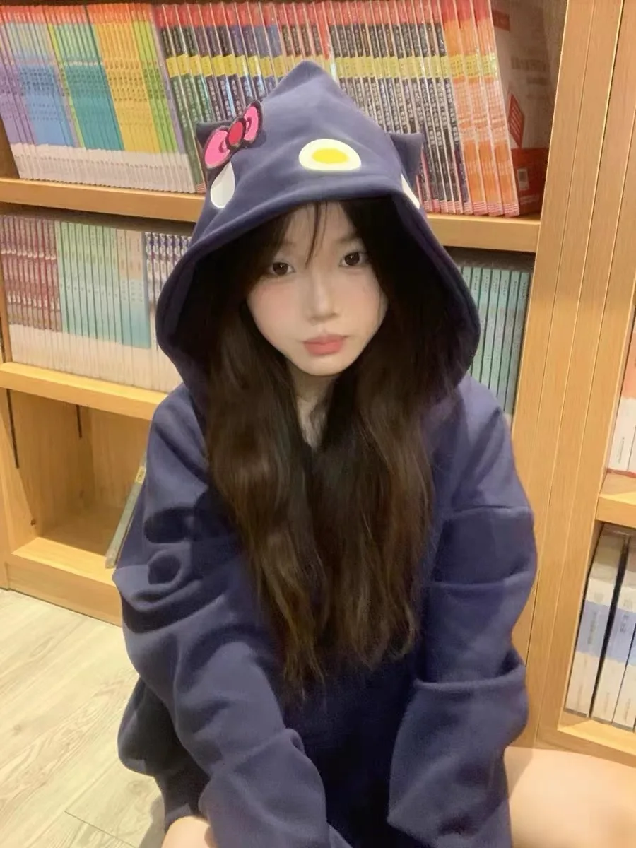 Kit  Print Loose Hooded Zipper Sweatirt Women's Open Cardigan Sweet New Sle INS Outerwear Autumn Winter Trend Brand