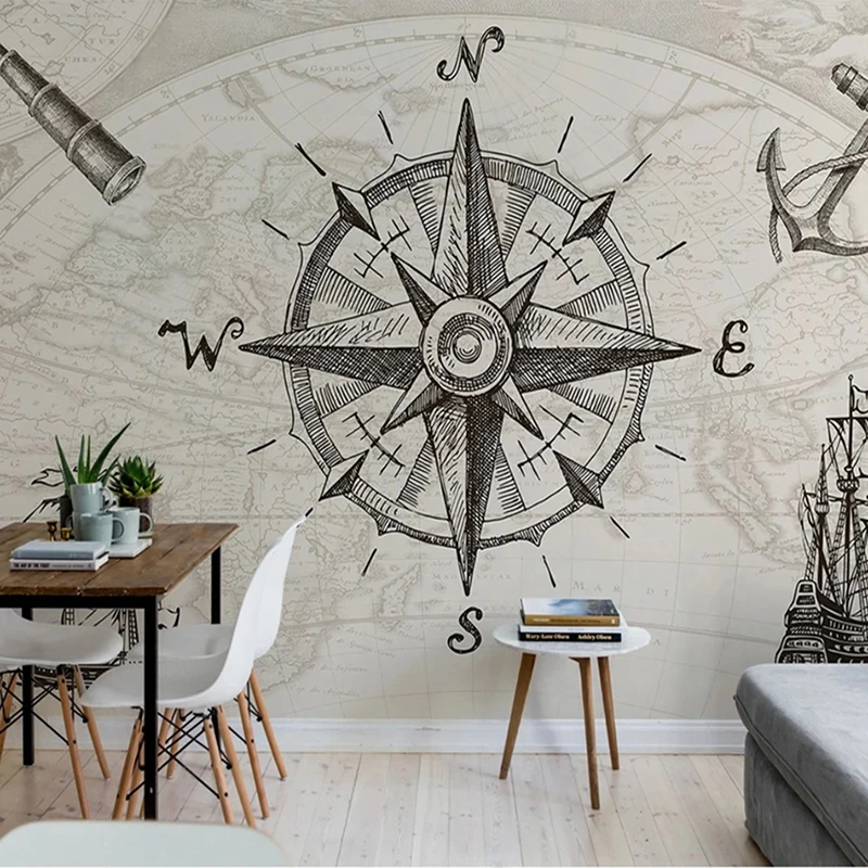 Eco-friendly Custom Photo Mural Vintage Map Hand Drawn Compass Navigation Pattern Wallpaper Home Interior Decoration Wall Paper