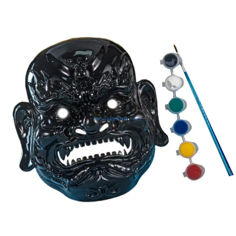 N7YF DIY Unpainted Masquerades Mask Blank Nuo Operas Mask Blank Paintable Mask with Pigment Drawing Brush Set for Adult Kids