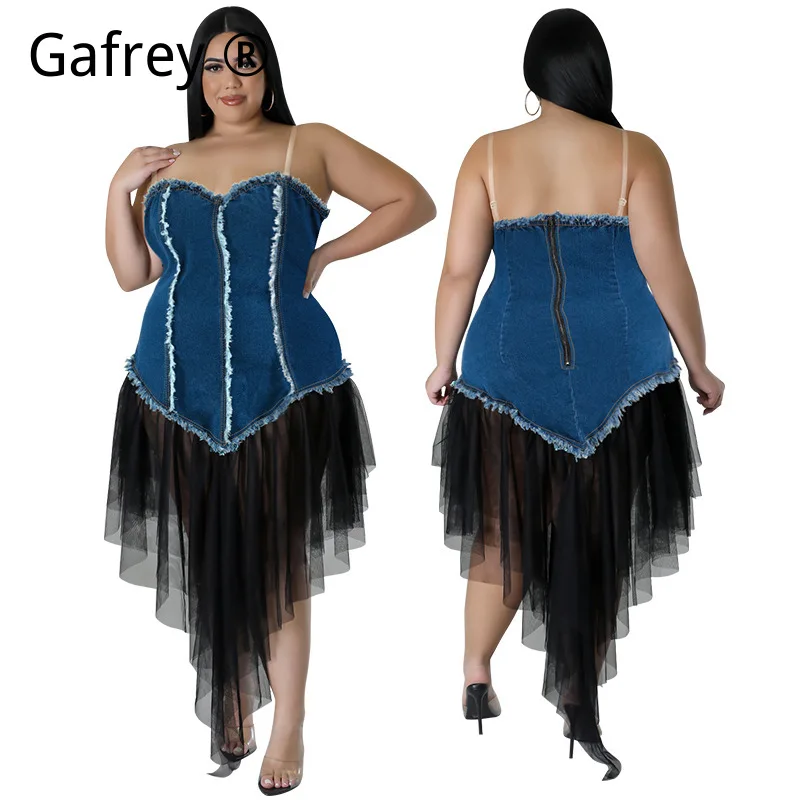 

3XL Plus Size Denim Dress Women Spring Off Shoulder Spaghetti Strap Mesh Patchwork Jean Dress Romantic Tulle Ruffle Midi Dress