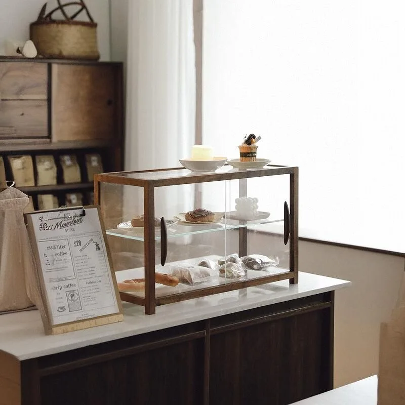 

North American Black Walnut Solid Wood Glass Bread Display Cabinet Coffee Shop Dessert Tea Set Display Shelf Storage