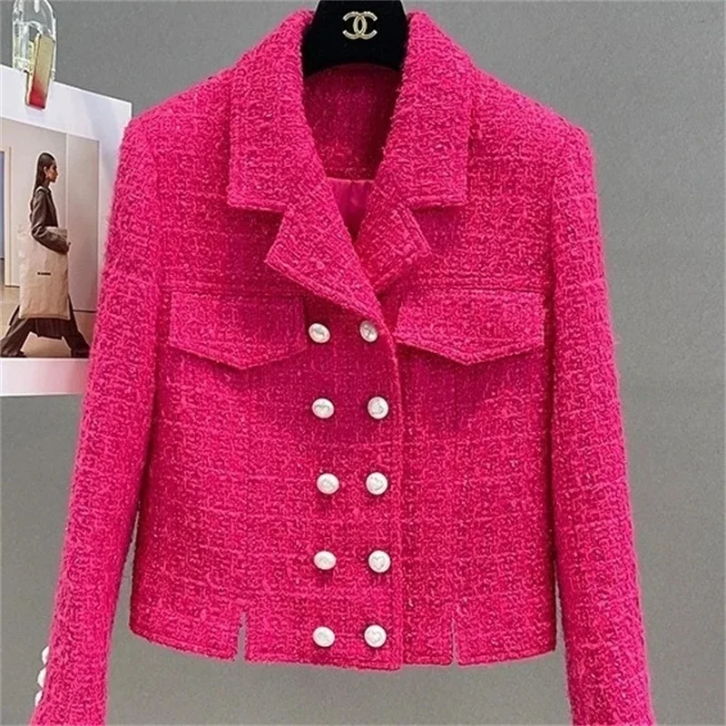 LIBIELIY 2025 Autumn New Blazers Women Jacket Double Breasted Tweed Suit Long Sleeve Small Fragrance Coat Slim Temperament Blaz