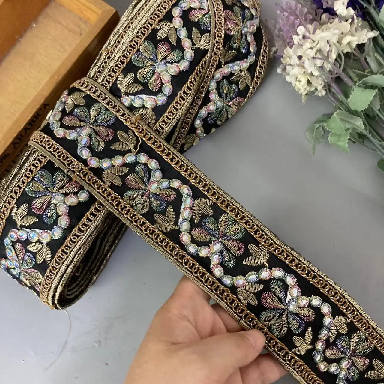 1 Meters Black 5.8cm Vintage Ethnic Style Lace Trims Ribbon Flower Jacquard Embroidery Clothing Accessories Webbing