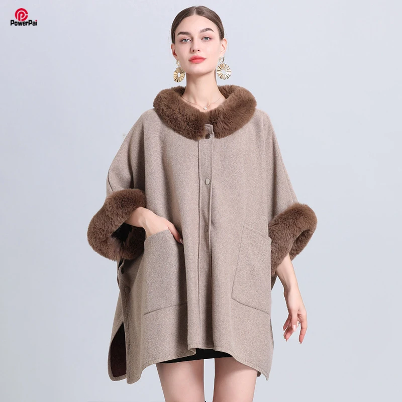 

Fashion Faux Rex Rabbit Fur Round Collar Wool Blends Coat Cloak Batwing Sleeves Big Pockets Women Overcoat Cape Autumn Winter