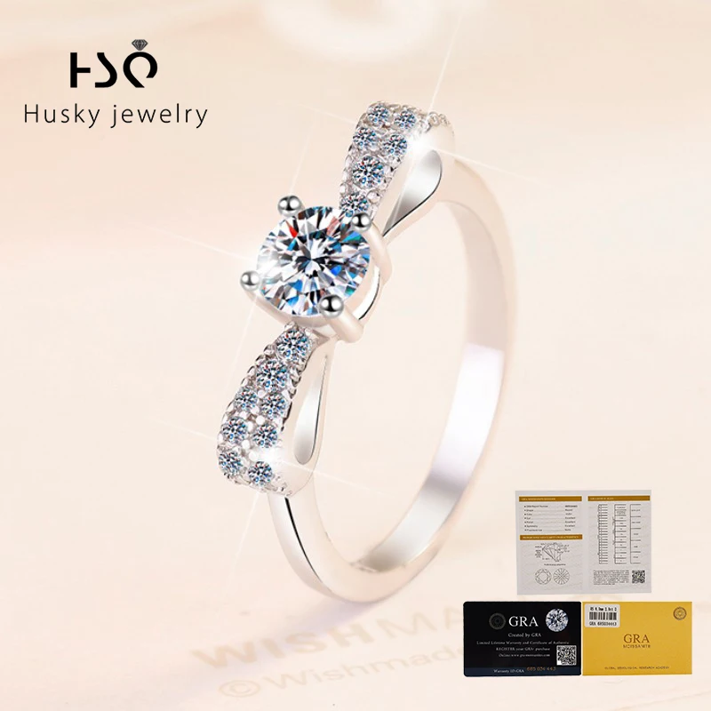 Husky Jewelry 1ct Moissanite Diamond Ring for Women 925 Sterling Silver Wedding Band Elegant Ladies Fashion Jewelry Gift