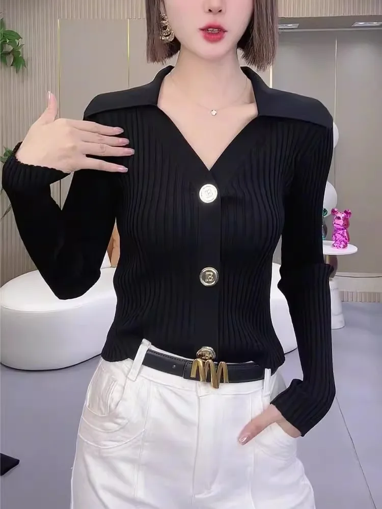 

Новинка осени: Женский вязаный топ в корейском стиле, приталенный, с V-образным вырезом, на пуговицах, с высокой талией, тонкий, с коротким рукавом