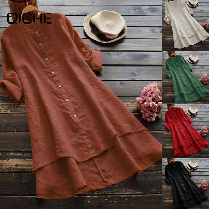 QICHE 2026 Spring Summer Women Solid Color Button Cotton Linen Long Sleeve Long Shirt