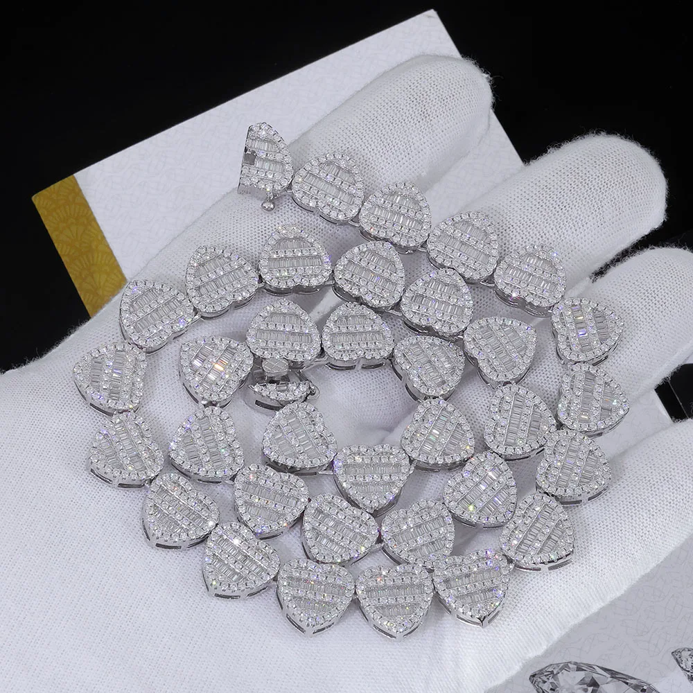925 VVS1 Moissanite Clustered Tennis Chain Sterling Silver 12mm Width Heart Shape Diamond Tennis Necklace for Women