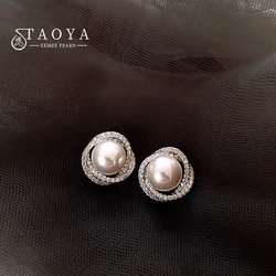 2025 New Fashion Design Geometric Spiral Silver Color Pearl Zircon Stud Earrings Luxury Jewelry Party Ear Accessories for Women