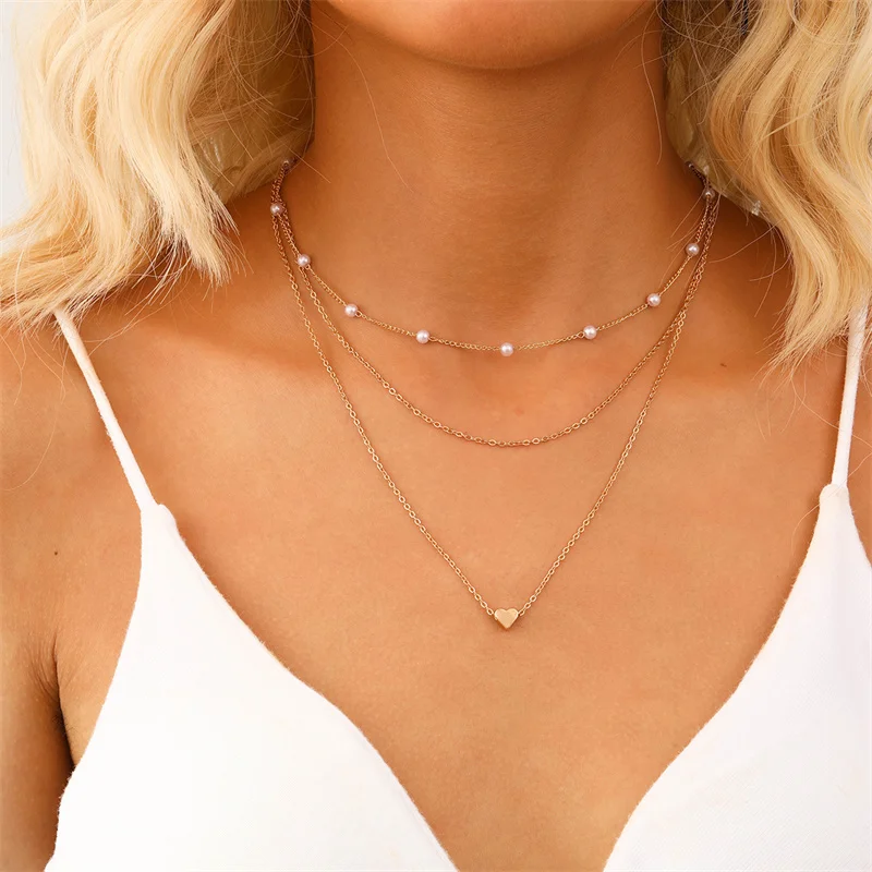 3pcs Women's Pearl Necklace Set 14K Gold Fashion Love Heart Pendant Waterproof Hypoallergenic Collarbone Neck Chain Jewelry
