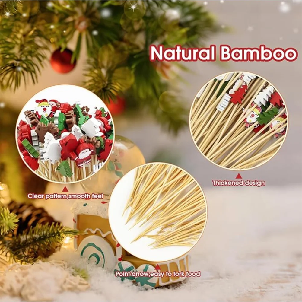 Set of 100 Christmas Cocktail Picks with Tree Santa Claus Snowman Reindeer and Snowflake Designs for Party Food and Drinks