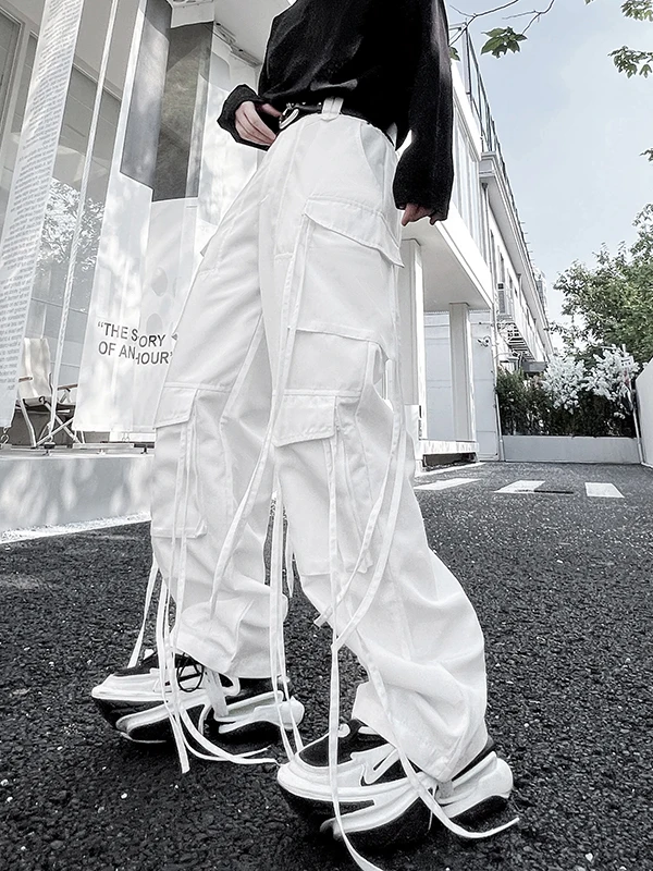 

Casual Workwear Pants for Men with Draped Design Straight Leg Functionali Trendy Wide Leg Street Sle Alluring Low Waist