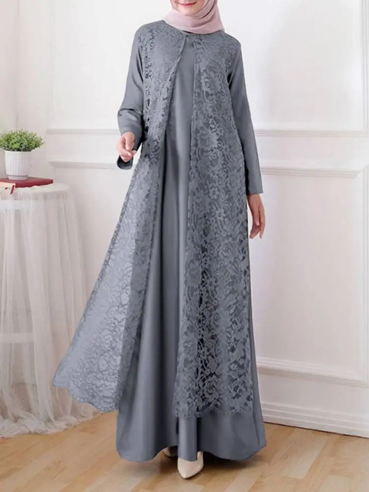 ZANZEA Vrouwen Elegante Kant Overlay Satijnen Jurk Moslim Mode Islamia Hijab O Hals Lange Mouw Abaya Gewaad Luxe Lange Vestidos