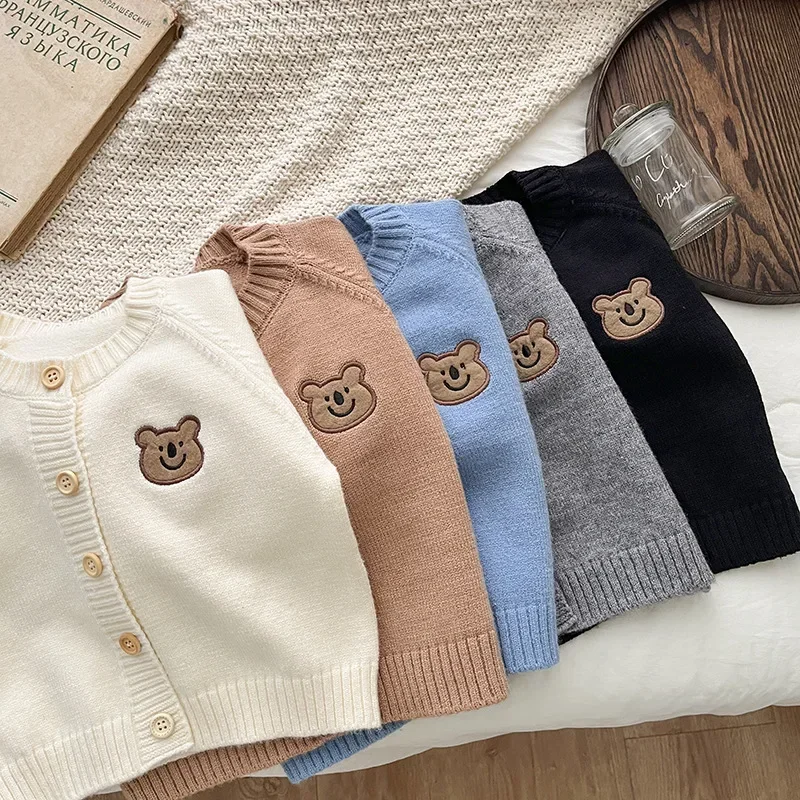 Cute Bear Knit Baby Girl Coat Children's Knitted Cardigan Long Sleeved Top Baby Sweater Outdoor Wear Baby Clothes New Born