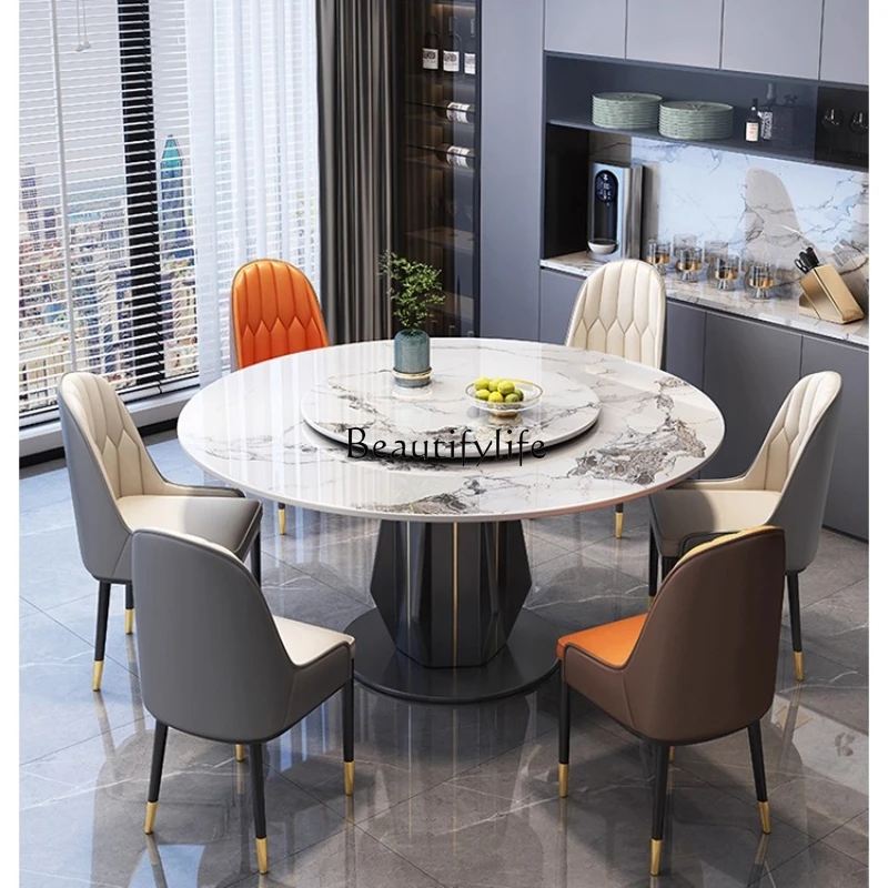 

Italian rock slab dining table and chair combination modern simple light luxury round table with turntable
